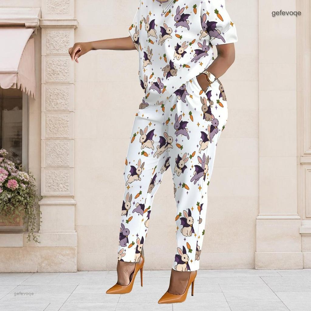 Women Plus Size White Printed Two Piece Set Short Sleeve Top Pocket Pants
