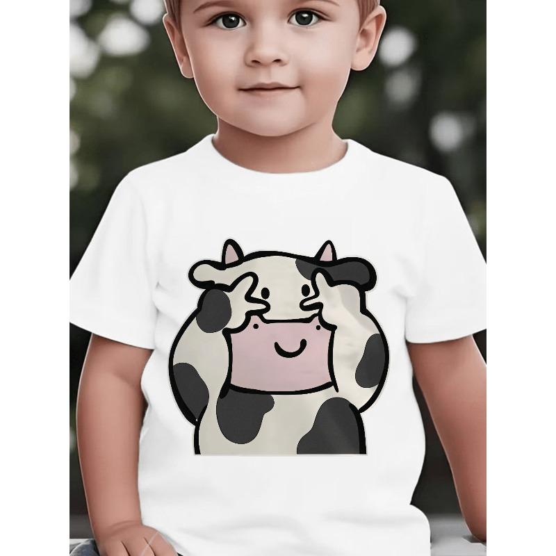 European Sizes Baby Boy Short-Sleeved Spring, Summer And Autumn Cartoon Cow Cute Face Peace Sign Print Casual T-Shirt