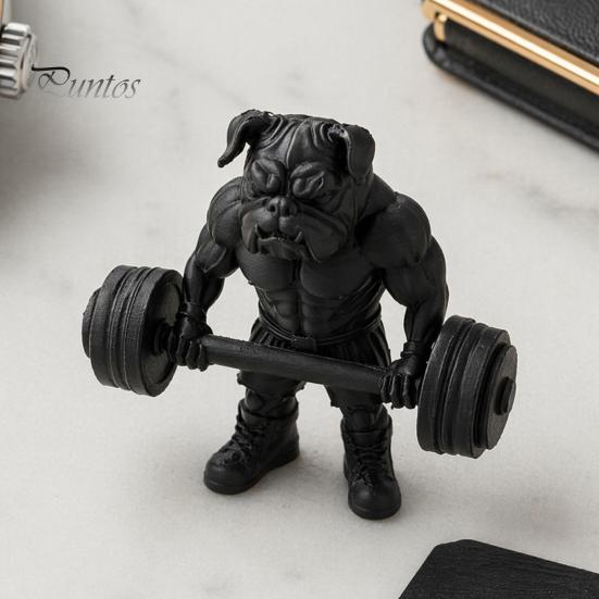 Small Bulldog Statue 3D Printed Fitness Figurine, Modern Muscular Barbell Dog Office Ornament Statue, Black Sculpture for Home Desk Decor Decoration