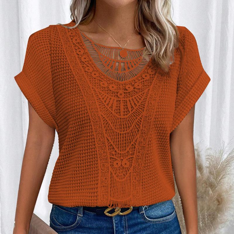 Vasariniai moteriški marškinėliai su nėriniais trumpomis rankovėmis