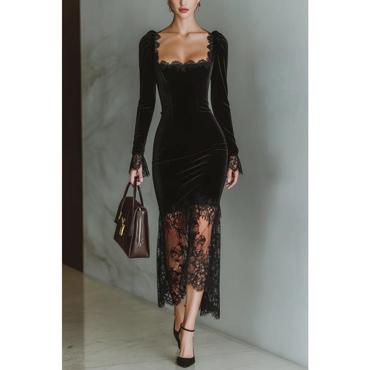 French Style Lace Patchwork Evening Party Dress for Women, Elegant Ladies Cocktail Gown for European & American, Formal Occasion Dress S