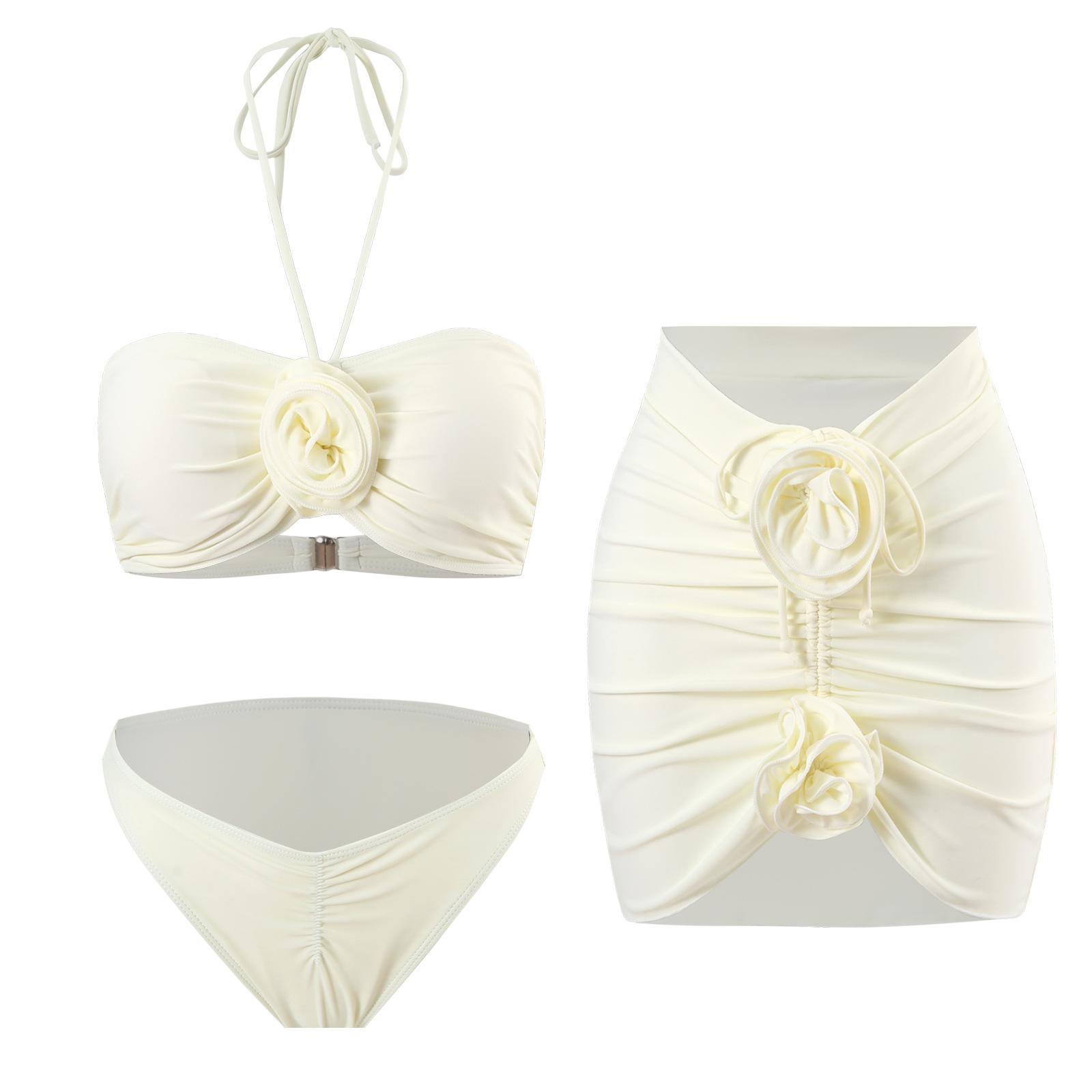 

2024 однотонный кружевной комплект из трех предметов с цветочным принтом, комплект бикини, купальный костюм, женский купальник, купальный костюм с пуш-ап, пляжная одежда, бикини для плавания S белый