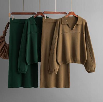 Ensemble deux pièces pour femme, pull ample à col en V, couleur unie, manches longues, tricot, jupe à jambe large, automne hiver