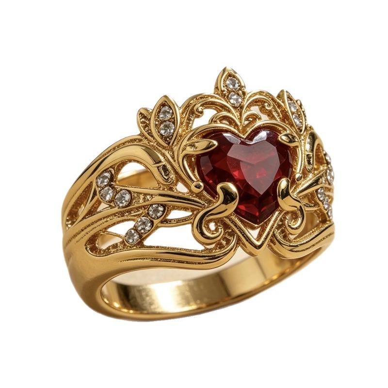 Nuovo Anello d'Oro con Zircone Rosso a Forma di Cuore Gioiello per Donne