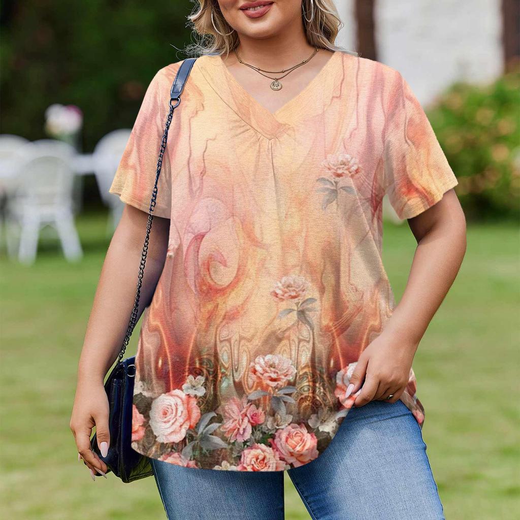 Women's Plus Size Fashionable Casual Loose-Fit Short Sleeve Elegant V Neck Blouse For Work