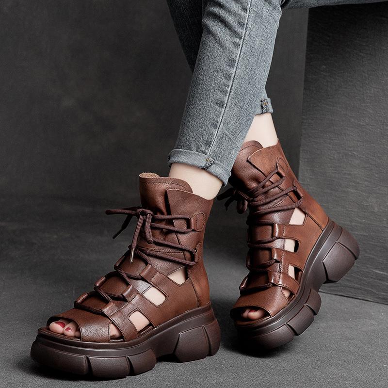 Fashion 6.5CM  Retro Genuine Leather Open Toe Sandals Women Summer Platform Increasing Hollow Back Zipper High Top Casual Sandals Black