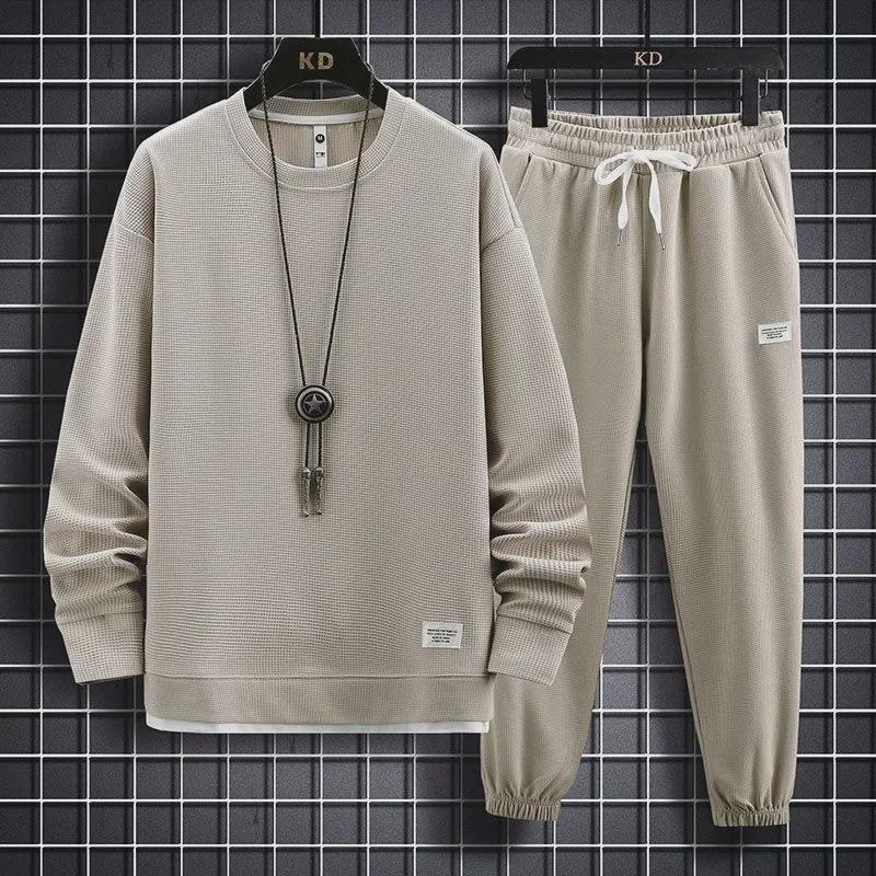 Men's Autumn/Winter Waffle Suit: Trendy Long-Sleeve Sports Two-Piece Set