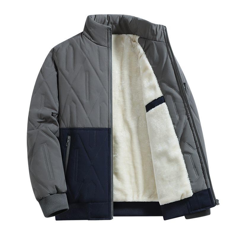 Fleece and Thickened Cotton-padded Men's Off-collar, Cotton-padded Men's, Dad's Casual Jacket, Old Men's Stand-up Collar Leather Cotton-padded Clothes