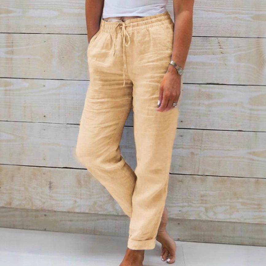 2023 Women's High Waist Elastic Cotton Linen Casual Pants