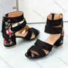 Comemore Black Embroidered Mid-heel Sandals Women Summer All-match Thick Heel Elegant Retro Open Toe Embroidered Shoes Women