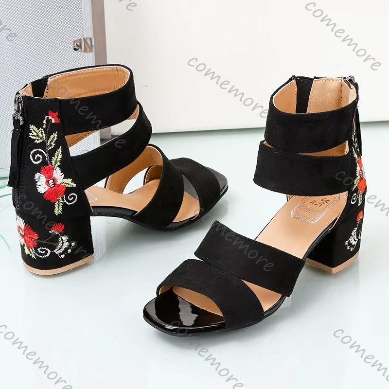 Comemore Black Embroidered Mid-heel Sandals Women Summer All-match Thick Heel Elegant Retro Open Toe Embroidered Shoes Women
