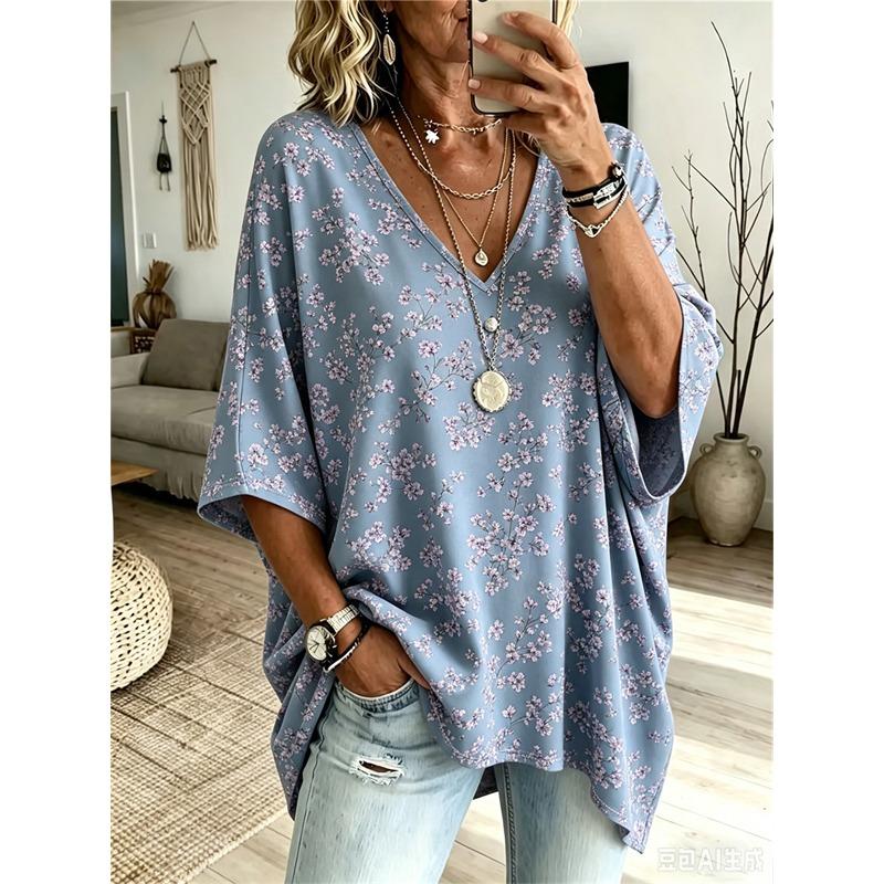 Printed Plus-Size Women's V-Neck Batwing Sleeve T-Shirt Bohemian Ethnic Print Loose Top Summer Comfortable Breathable Daily Commute Casual