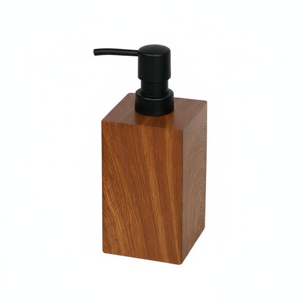 Walnut Texture Pump Bottle Long-Lasting Resin Refillable Shampoo Bottle Square Lotion Dispenser Elegant Design Bathroom