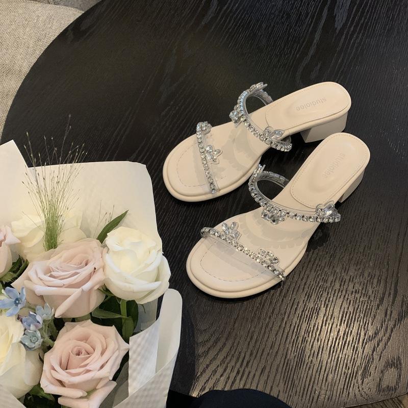 

! Shoes flash diamond word with rhinestone open toe height increase thick heel cool slippers 40 белый