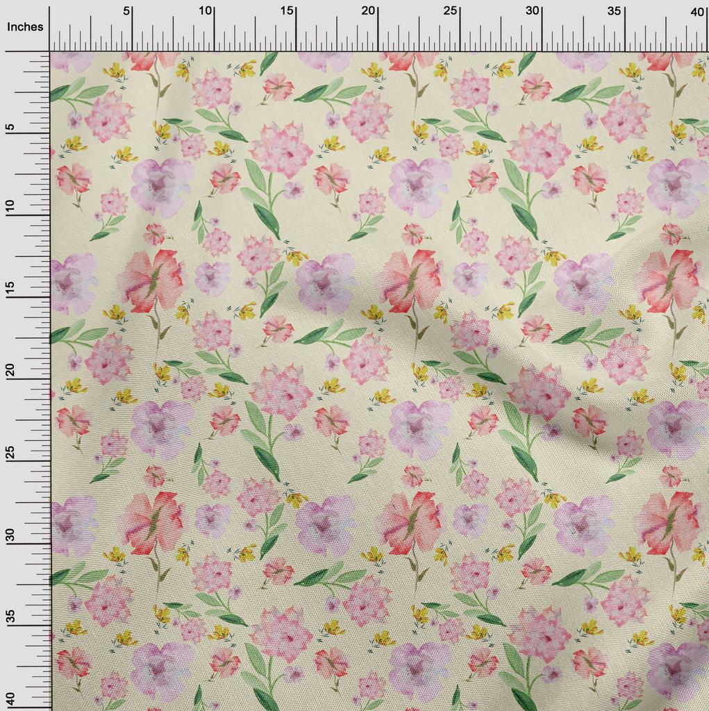 oneOone Cotton Flex Cream Fabric Flower & Leaves Watercolor Diy Clothing Quilting Fabric Print Fabric By Yard 40 Inch