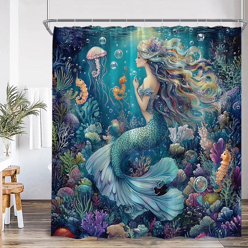 

Ocean Mermaid Shower Curtains Sea Waves Cosmic Starry Sky Sunset Scenery Modern Fabric Home Bathroom Curtain Decor With Hooks W60H190(CM)-1 Pcs