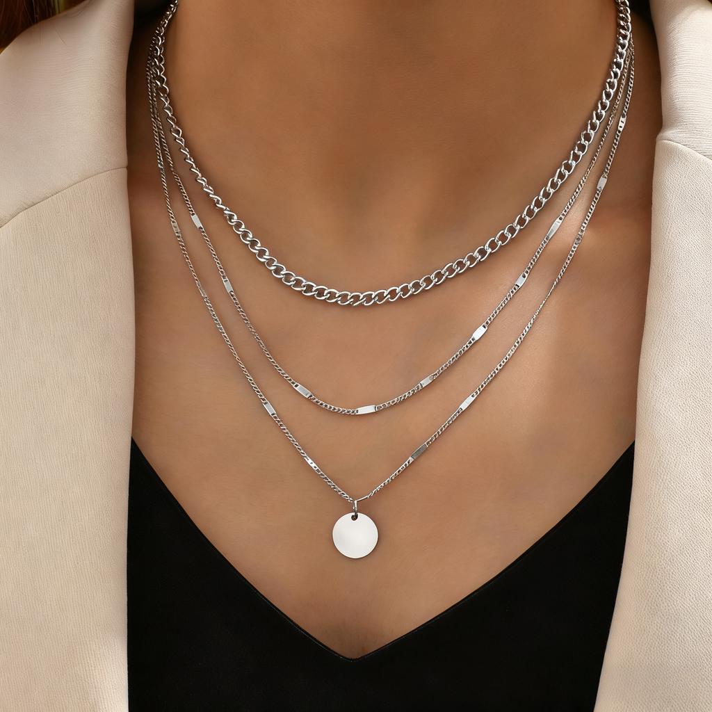 Stainless Steel Three Layer Round Pendant Necklace for Women Fashion Simple Flat Snake Chain Beads Jewelry Party Gift