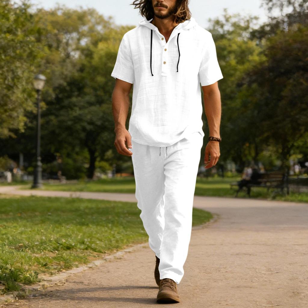 Men's Linen Casual Set - Button  Shirt Elastic Waist Drawstring Loose-Fit Pants Comfortable Two-Piece Set
