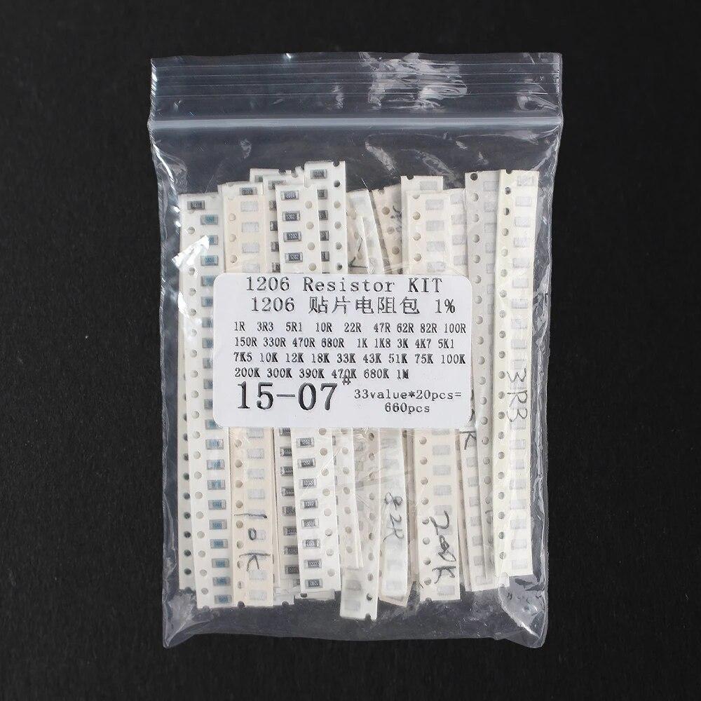 660PCS/Set 0603 0805 1206 1210 SMD Resistor Pack Assorted Kit,1 Ohm ~ 1M 33 Values*20pcs 1% Chip Resistor Diy Electronic Kit