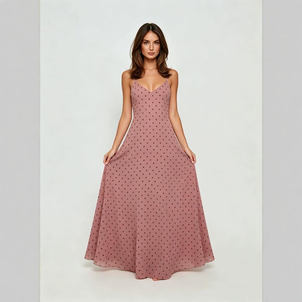 Women's French Polka Dot Spaghetti Strap Maxi Dress V Neck High Waist Elegant Vacation Long Dress