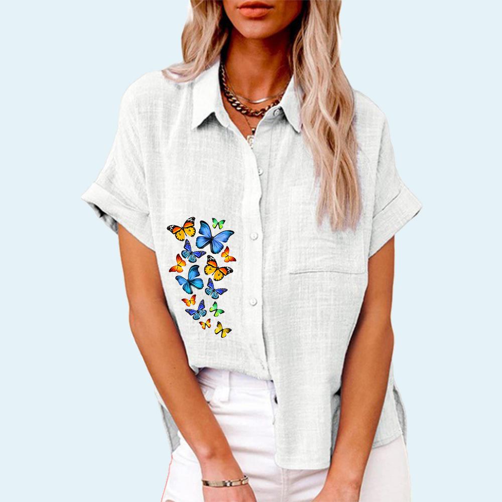 Cămașă de Modă cu Guler Rever pentru Femei Vară&Toamnă Imprimeu Fluturi cu Buzunar Top Tricou cu Mânecă Scurtă Bluze Casual din In
