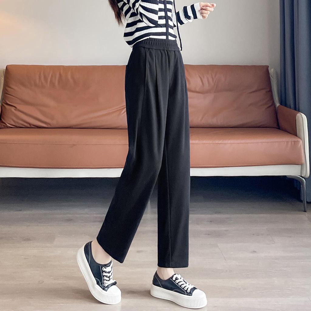 Damskie Jesienne Luźne Wyszczuplające Spodnie z Wełny Flanelowej - Acetat, Prosta Nogawka, Styl Draperowany