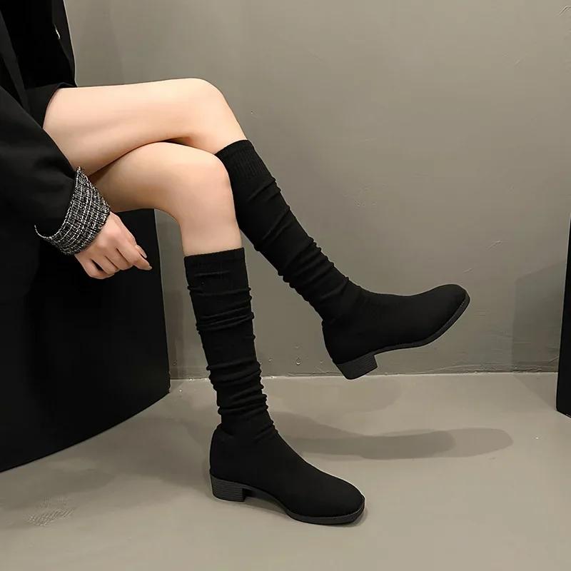 Fashion Knit Thick Heel Square Head Slim Boot Autumn New Style Over Knee Casual Versatile Elastic Socks Boot Women's Boots