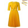 Women Plus Size V Neck Solid Color Short Sleeve High Waist Pleated A Line Dress