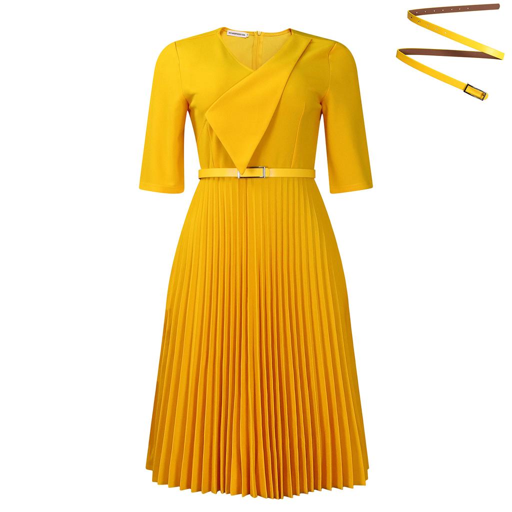 Women Plus Size V Neck Solid Color Short Sleeve High Waist Pleated A Line Dress