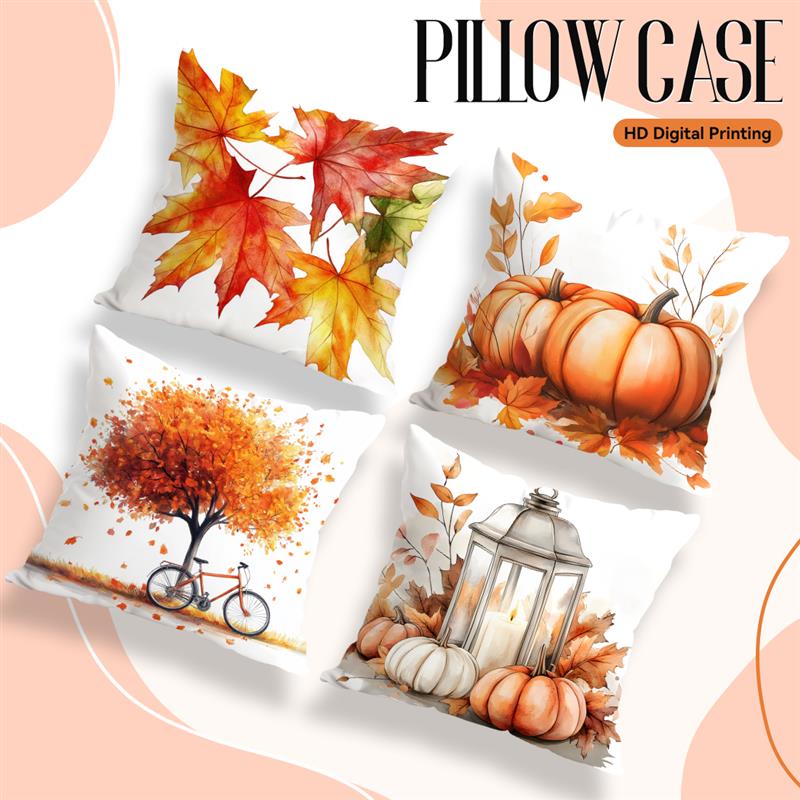 Home Decor Autumn Leaves, Pumpkins & Lanterns Pillow Covers Pattern Cushion Cover Suitable For Sofa Bedroom Car Pillow Cover