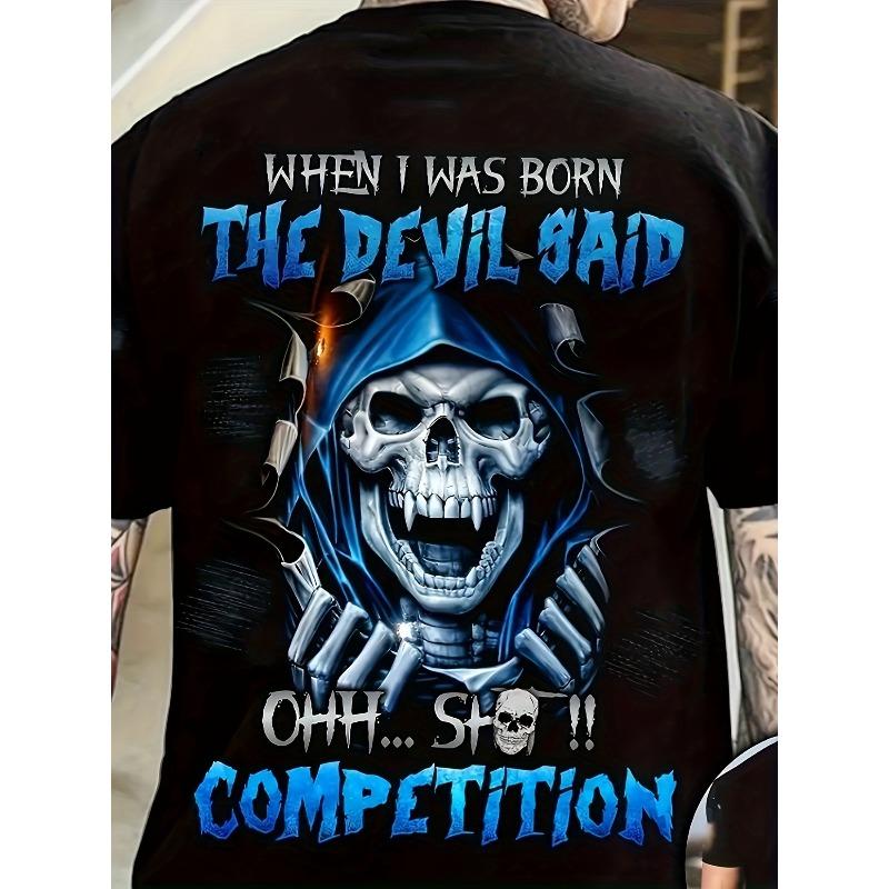 

European sizes Men S T-Shirt with Graphic Print - When I Was Born The Devil Said Design, Casual Crew Neck Short Sleeve Tee for Casual Attire, 4XL
