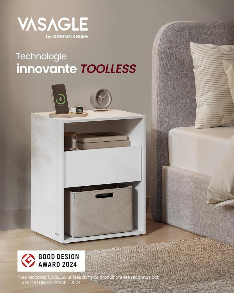 VASAGLE LET777W04 Bedside Table, Tool-Free Assembly, Side Table with Power Strip and Drawer, Modern, Bedroom, Living Room, Matt White