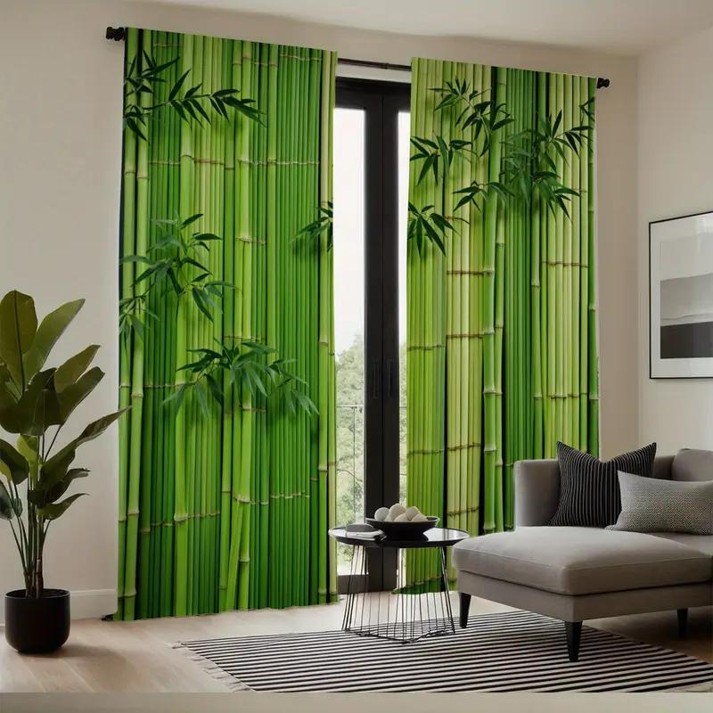 2pcs Lush Green Bamboo Printed Curtains, Designed for Light Filtering, Quality Material, Ideal for Zen Style Home Window Decorat