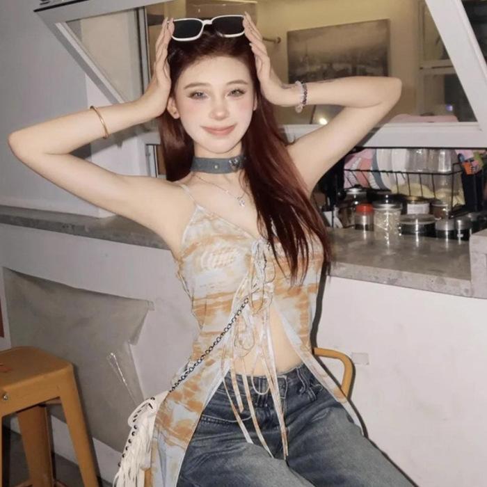 Sense of Design Split Printed Sleeveless Thai Lace-Up Sling Vest Women's Summer Sexy Hottie Halter Top