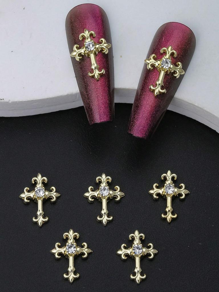 10pcs Gold SilverCross Nail Charms 3D White Pink Rhinestones Nail Art Decorations DIY Nail Gems Nail Supplies