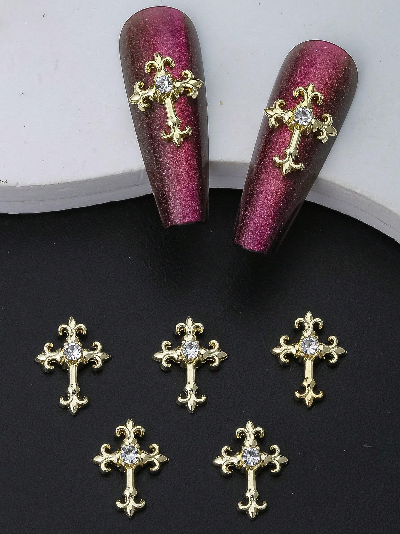 

10pcs Gold SilverCross Nail Charms 3D White Pink Rhinestones Nail Art Decorations DIY Nail Gems Nail Supplies