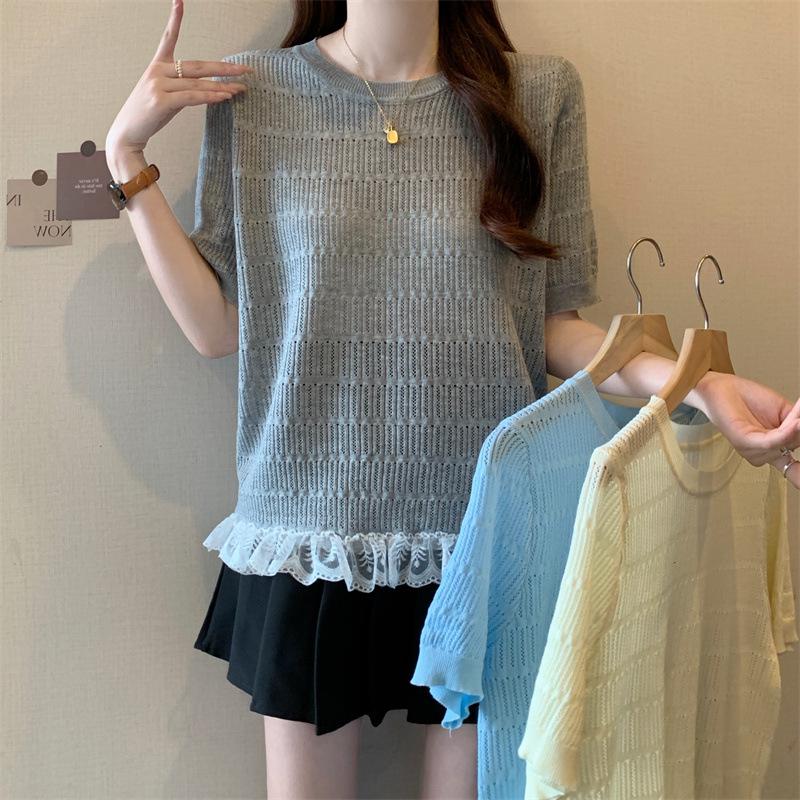 Plus Size Knitted Lace Short Sleeve T-Shirt, Women s Summer Ice Silk Hollow Out Slim Fit Top 2XL
