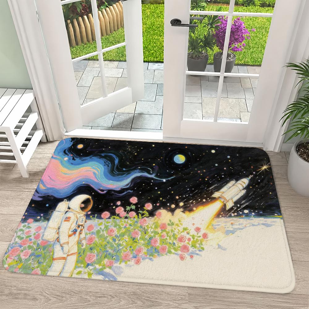 Astronaut Among Cosmic Roses Floor Mat Flannel Rug Soft Non Slip Washable Door Mat For Bathroom Bedroom Kitchen Home Decor