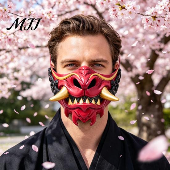 Unique Halloween Photo Prop Japanese Hannya Red Half Mask, Wolf Teeth & Embossed Cloud Details, Breathable Lightweight Cosplay Costume Mask