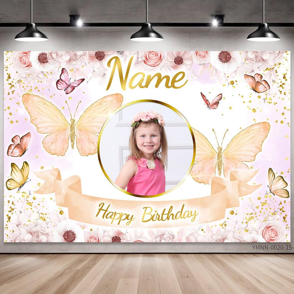 Sfondo Personalizzato Foto Nome Compleanno Farfalla Rosa e Sfondo Floreale Banner Personalizzato per Decorazione Parete Festa Glitter