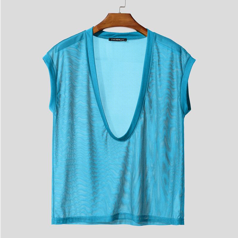 

INCERUN Мужские майки с глубоким U-образным вырезом, без рукавов, сетчатые, прозрачные, для вечеринок, клубов 5XL синий