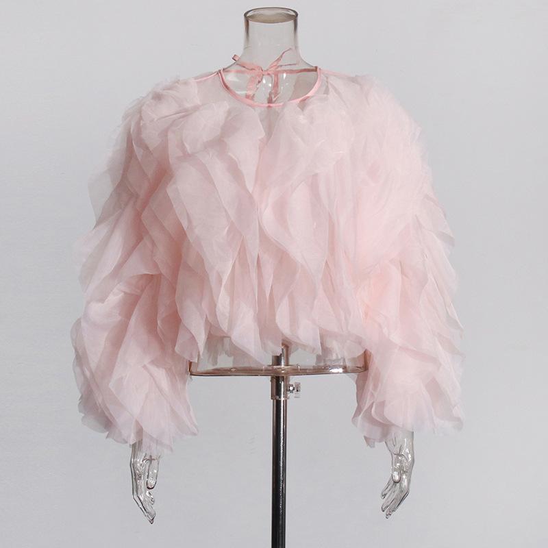 

Elegant Ruffle Patchwork Round Neck Top for Women - 2026 Spring/Autumn Collection Small рожевий