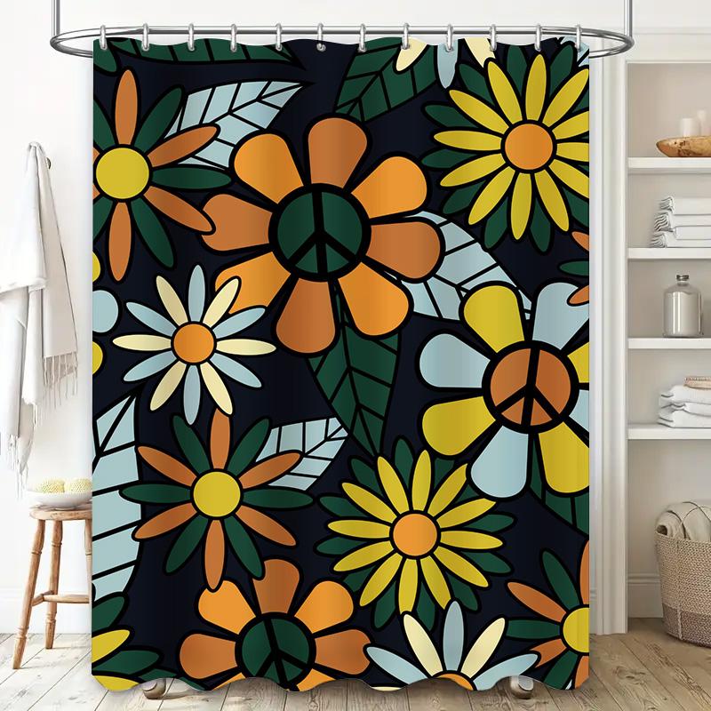 Floral Shower Curtain Decorative Bath Mat Set Waterproof Bathroom Accessories Retro Style Modern Flower Print Shower Panels