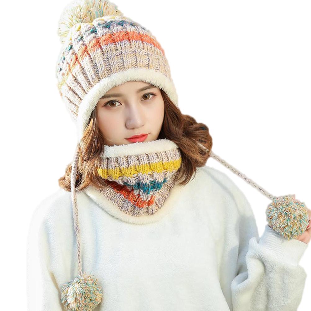 Women Knitted Beanie Hat Scarf Set Warm Thick Crochet Pompoms Hat Neckerchief for Outdoor Ski Snowboard