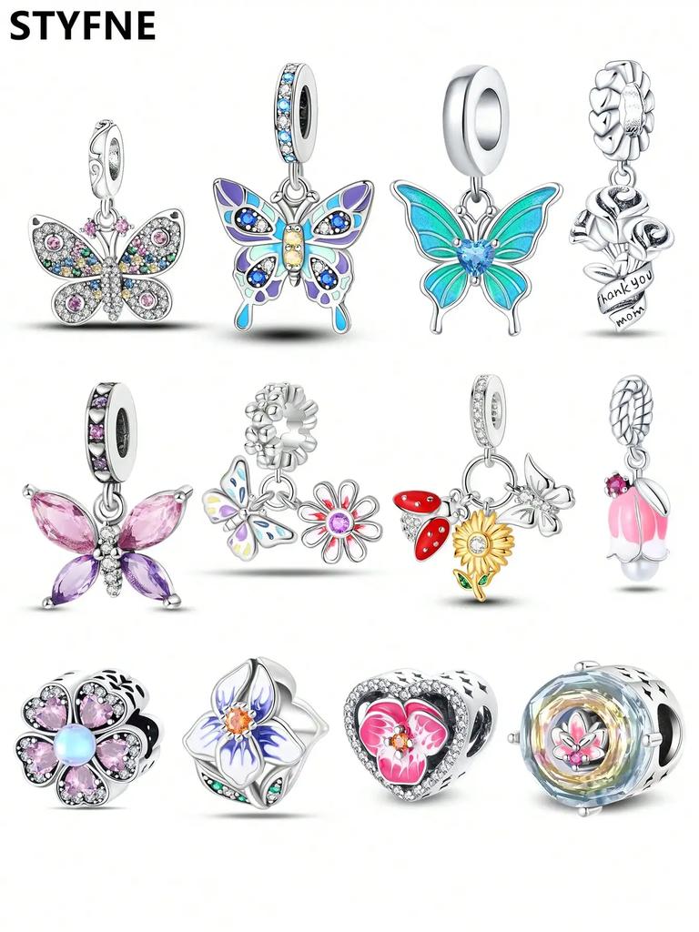 Charms Plata Copper Colors Colorful Butterfly Flowers Beads Charm Pendant For Original Bracelet For Women Diy Jewelry Love Gift