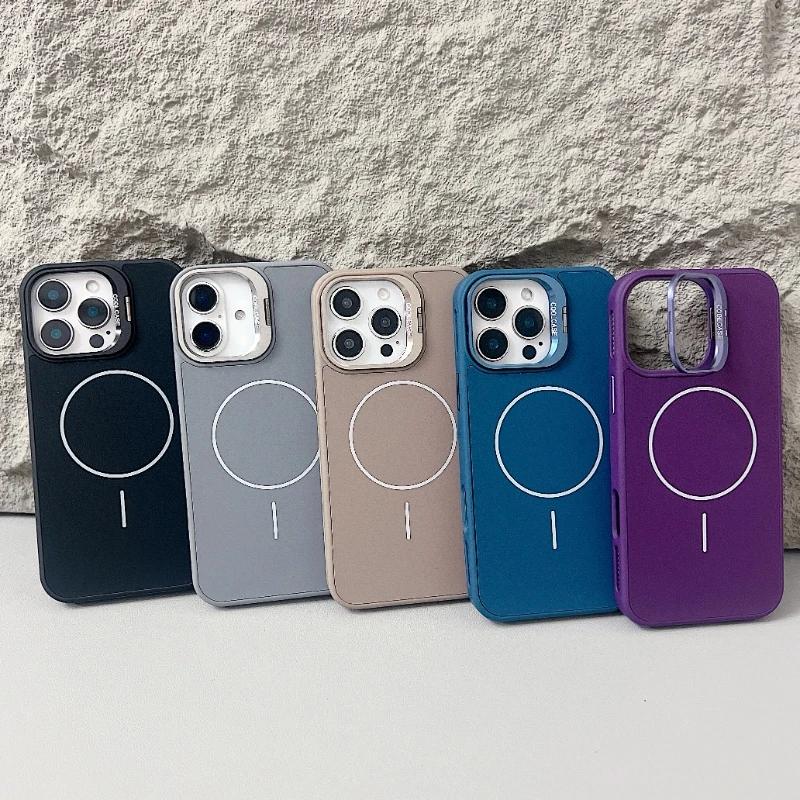 Trendy Silicone Magnetic Lens Stand Case for iPhone 16 15 14 11 12 13 Pro Max Plus MagSafe Compatible Shockproof Protective Case