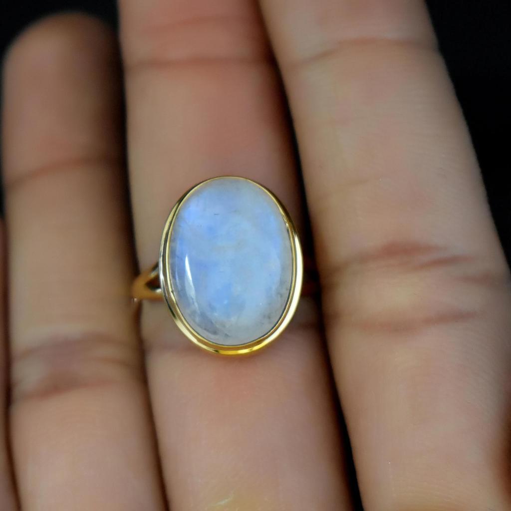 Natural Blue Rainbow Moonstone 925 Sterling Silver Yellow Gold Overlay Ring Jewelry
