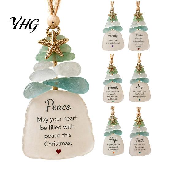 Lightweight Christmas Decorations Sea Glass Tree Ornament, Seaglass Art Hanging Decor with Starfish Charm, Holiday Keepsake Decoration Peace Love Joy
