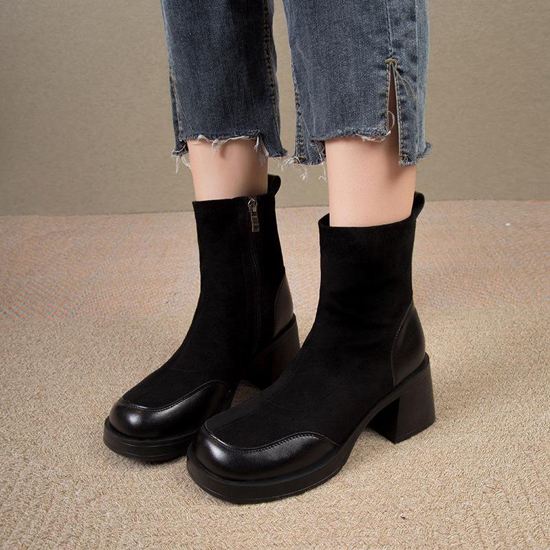 Short Shoes for Woman Black Women's Ankle Boots Sock Footwear Combat Booties Very High Heels Suede Punk Style Heeled Autumn Boot