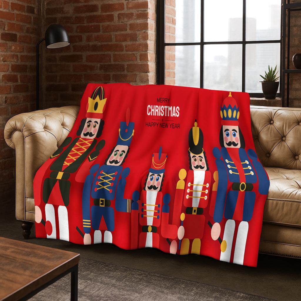 Frohe Weihnachten Baum Nussknacker Cartoon Puppe Neujahrsgeschenk Flanell Decke, Weiche Wohndecke für Zuhause Schlafzimmer Bett Sofa Kinder